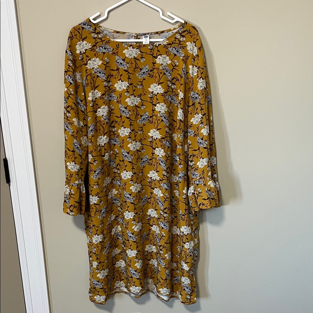 Old Navy Floral Long Bell Sleeve Shift Dress - Mustard Yellow Crew Neck Size XXL